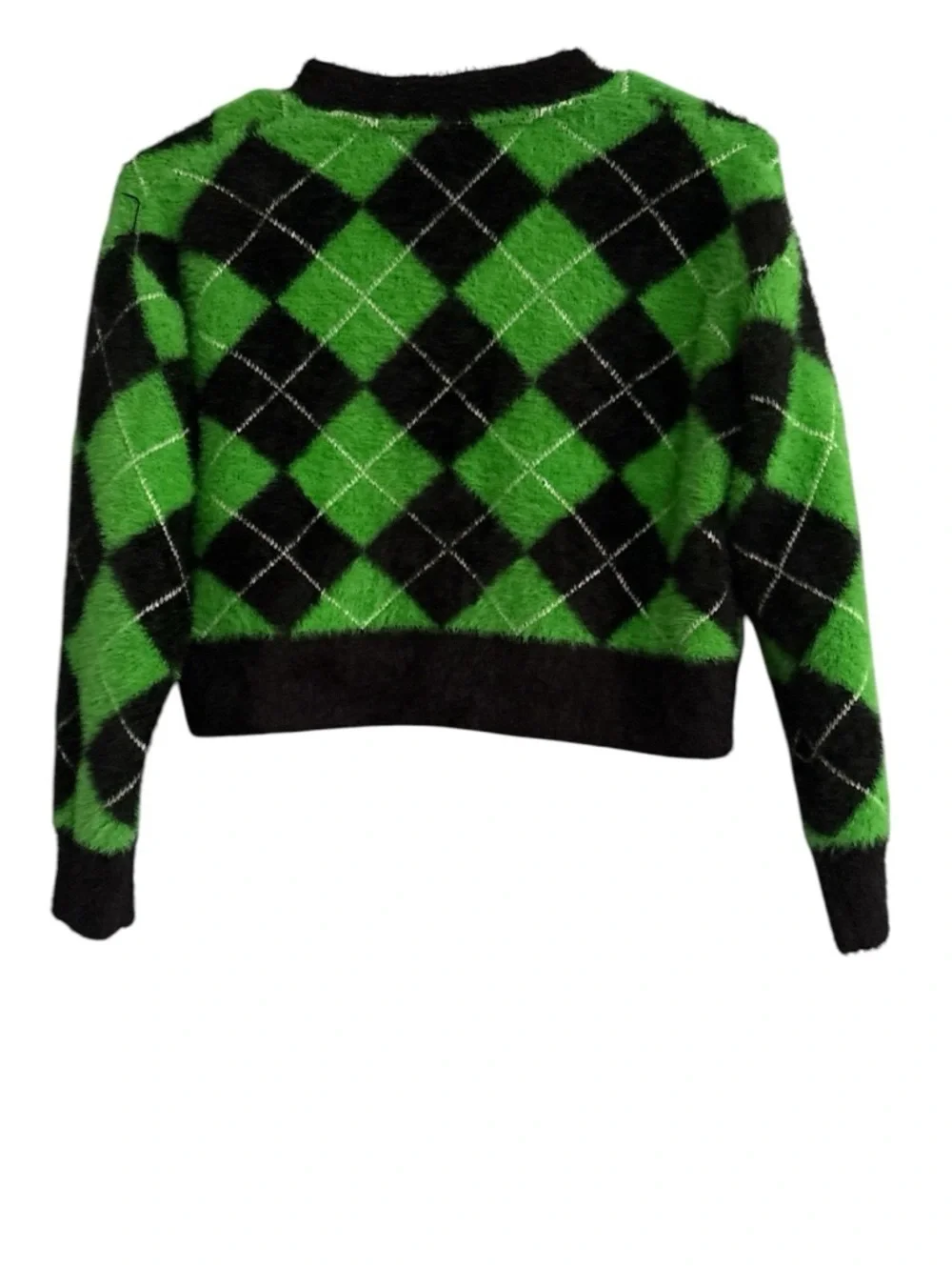 Justice Cropped V-Neck Argyle Cardigan Sweater - Green & Black
